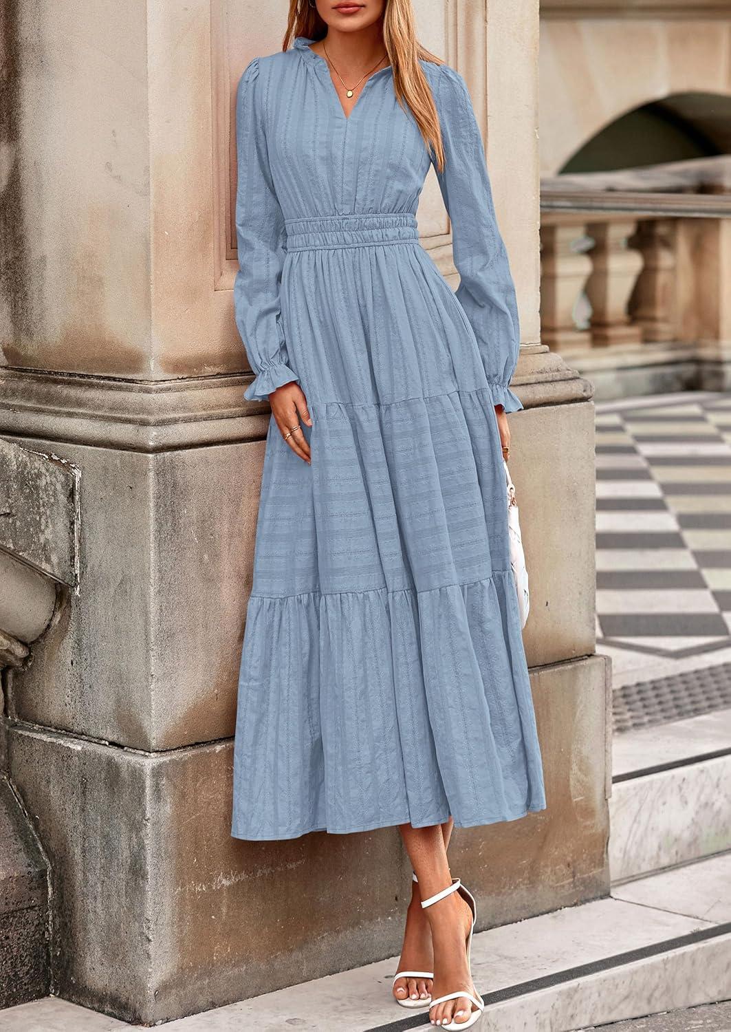 imagePRETTYGARDEN Womens 2026 Fall Wedding Guest Dresses Long Sleeve V Neck Flowy Elegant Holiday Party Maxi Dress with PocketsLight Blue
