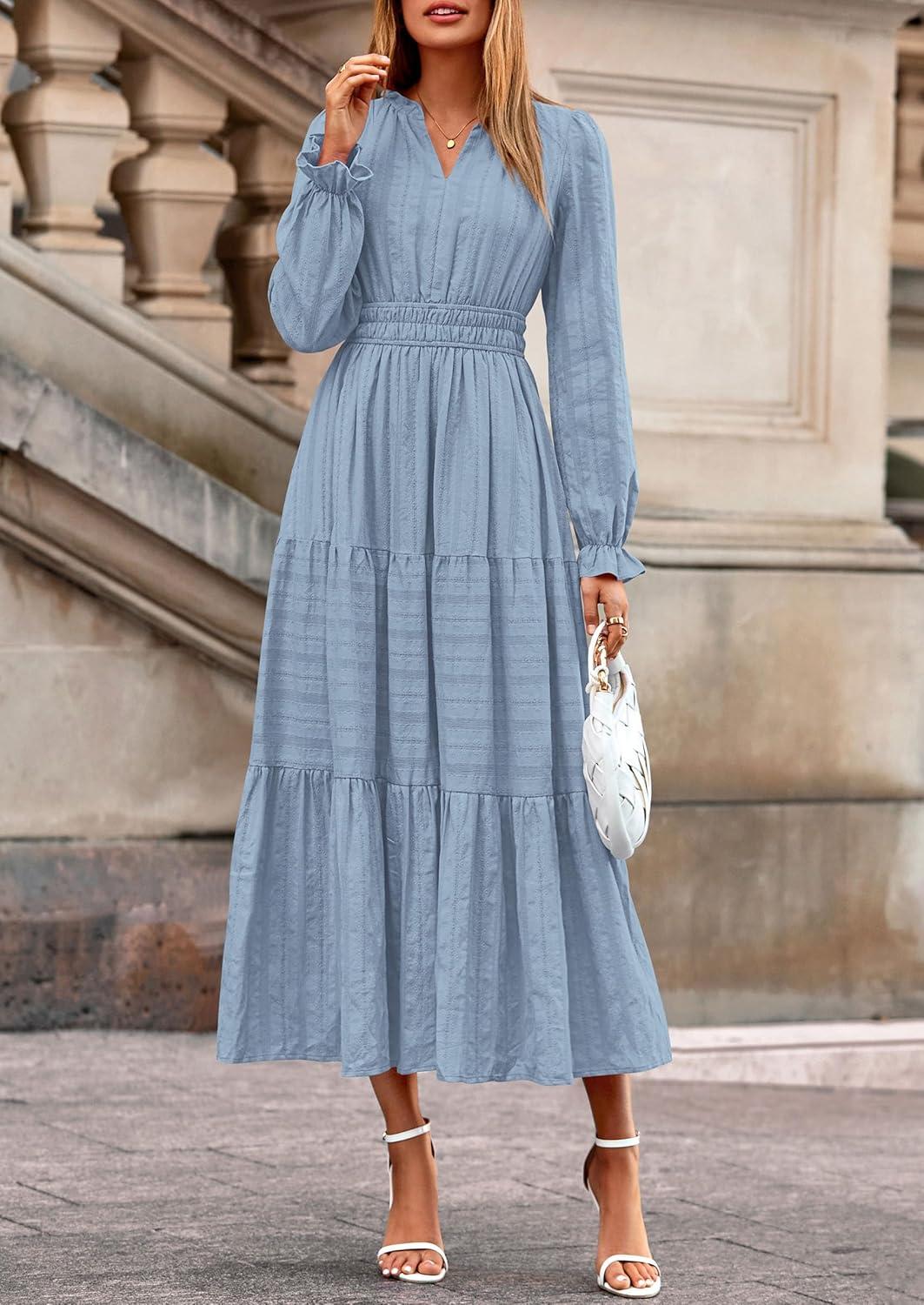 imagePRETTYGARDEN Womens 2026 Fall Wedding Guest Dresses Long Sleeve V Neck Flowy Elegant Holiday Party Maxi Dress with PocketsLight Blue