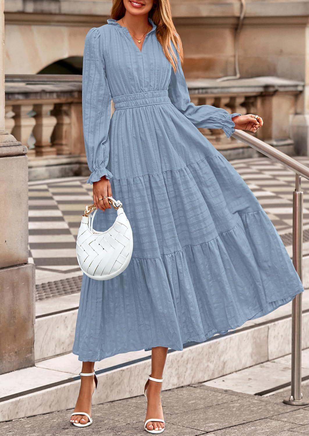 imagePRETTYGARDEN Womens 2026 Fall Wedding Guest Dresses Long Sleeve V Neck Flowy Elegant Holiday Party Maxi Dress with PocketsLight Blue