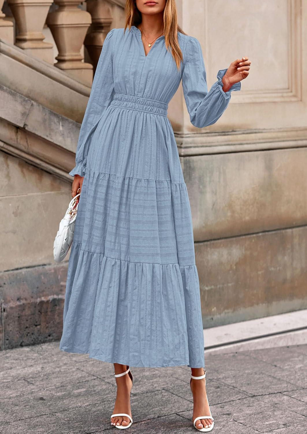 imagePRETTYGARDEN Womens 2026 Fall Wedding Guest Dresses Long Sleeve V Neck Flowy Elegant Holiday Party Maxi Dress with PocketsLight Blue