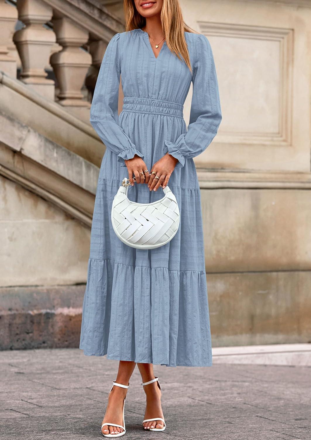 imagePRETTYGARDEN Womens 2026 Fall Wedding Guest Dresses Long Sleeve V Neck Flowy Elegant Holiday Party Maxi Dress with PocketsLight Blue