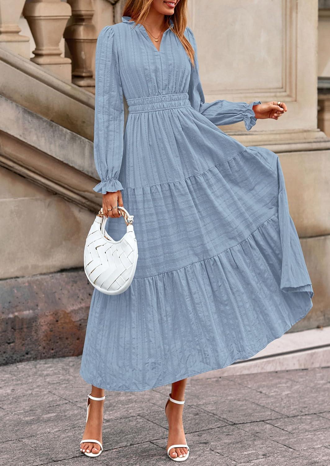 imagePRETTYGARDEN Womens 2026 Fall Wedding Guest Dresses Long Sleeve V Neck Flowy Elegant Holiday Party Maxi Dress with PocketsLight Blue