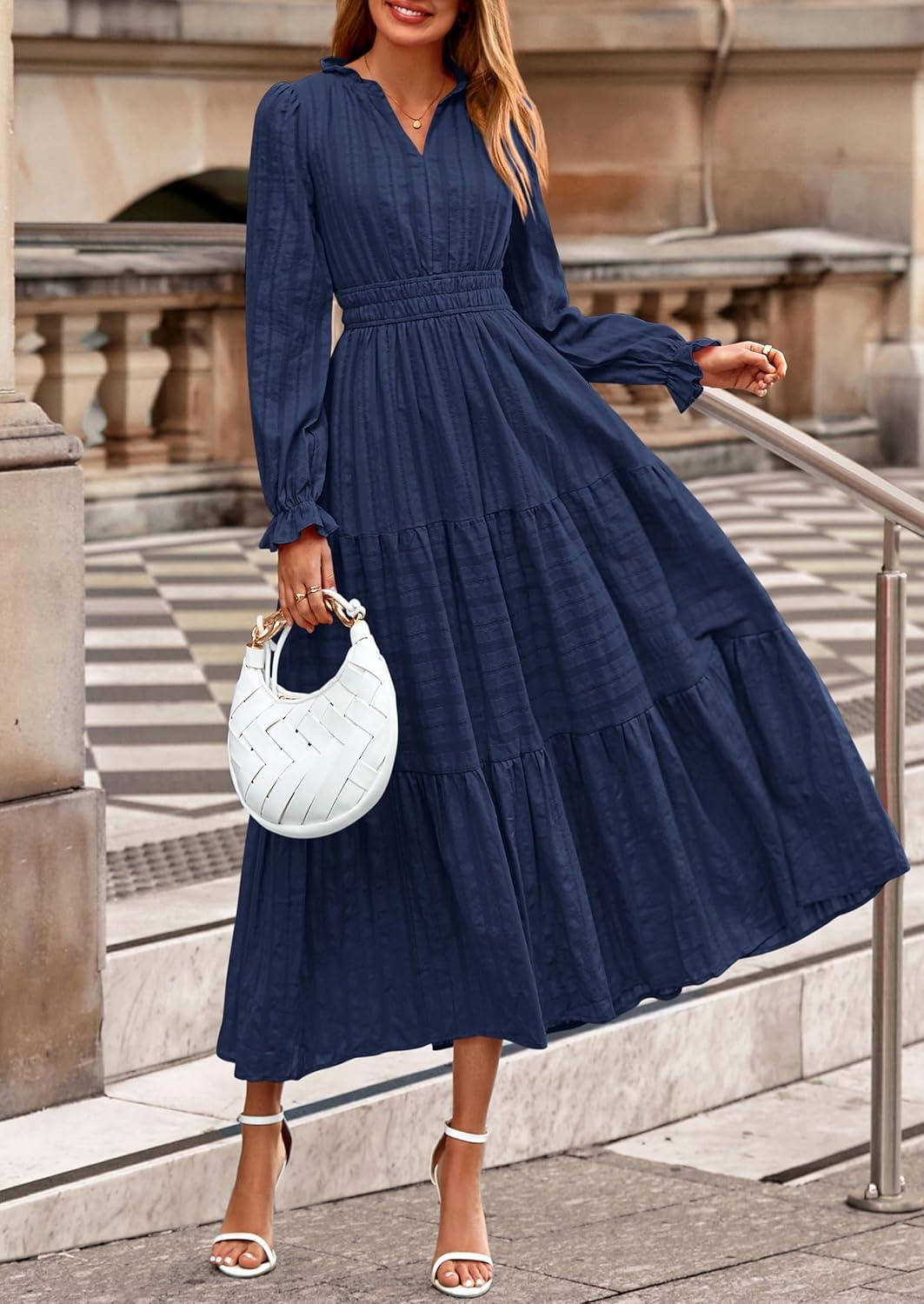 imagePRETTYGARDEN Womens 2026 Fall Wedding Guest Dresses Long Sleeve V Neck Flowy Elegant Holiday Party Maxi Dress with PocketsNavy Blue