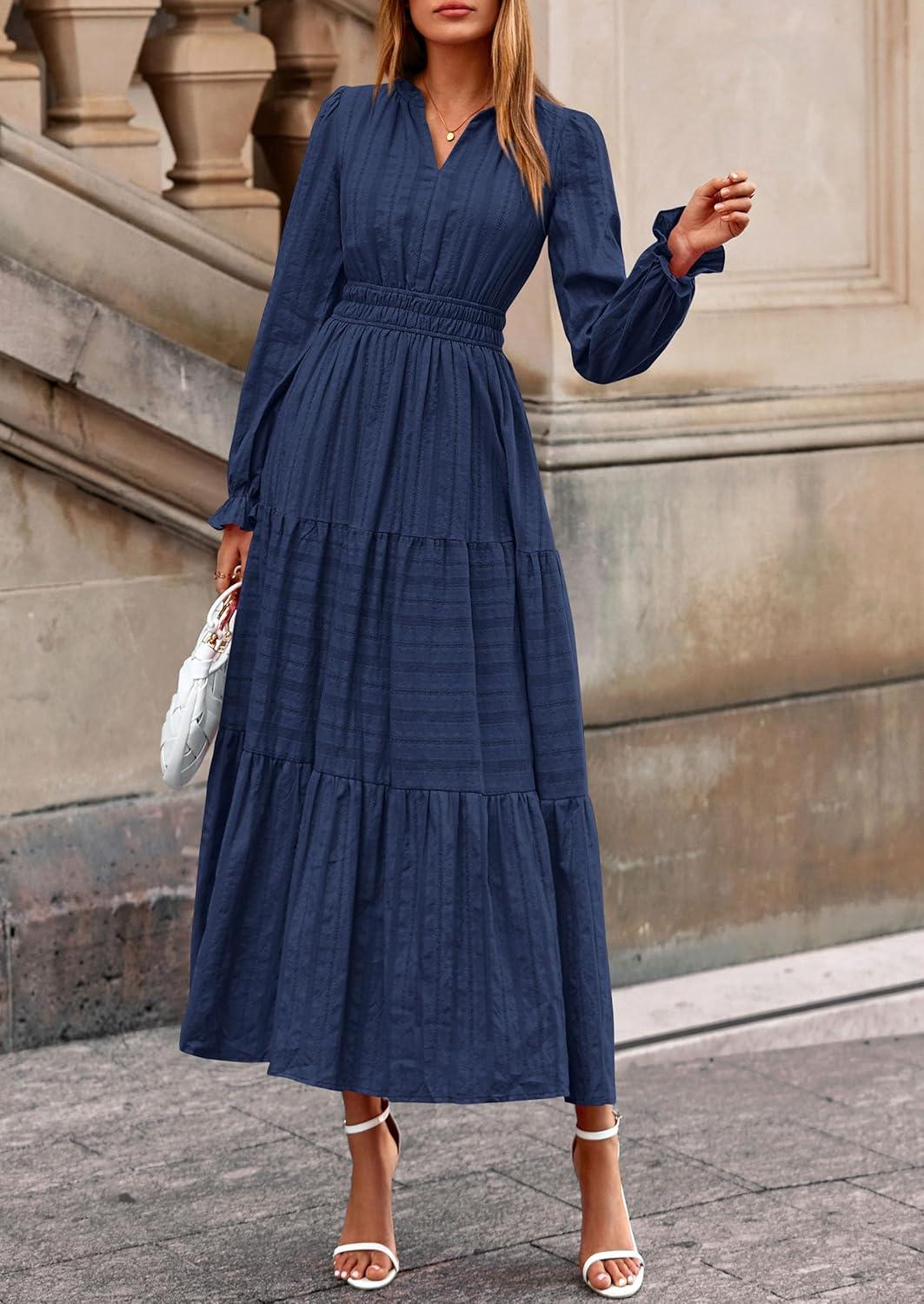 imagePRETTYGARDEN Womens 2026 Fall Wedding Guest Dresses Long Sleeve V Neck Flowy Elegant Holiday Party Maxi Dress with PocketsNavy Blue