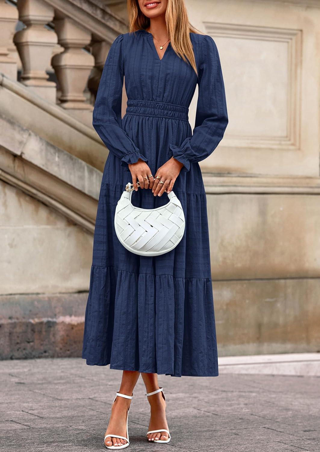 imagePRETTYGARDEN Womens 2026 Fall Wedding Guest Dresses Long Sleeve V Neck Flowy Elegant Holiday Party Maxi Dress with PocketsNavy Blue