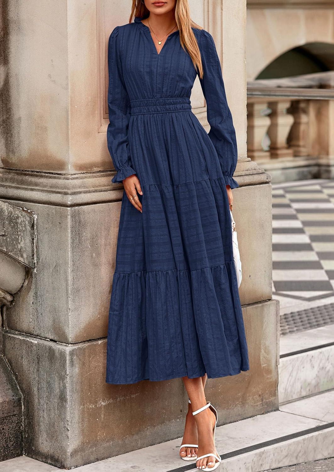 imagePRETTYGARDEN Womens 2026 Fall Wedding Guest Dresses Long Sleeve V Neck Flowy Elegant Holiday Party Maxi Dress with PocketsNavy Blue