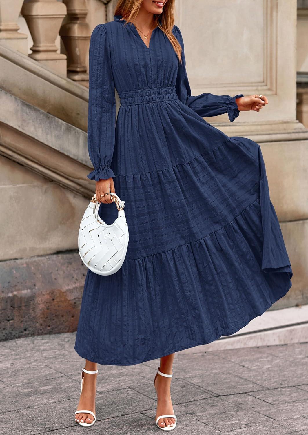 imagePRETTYGARDEN Womens 2026 Fall Wedding Guest Dresses Long Sleeve V Neck Flowy Elegant Holiday Party Maxi Dress with PocketsNavy Blue