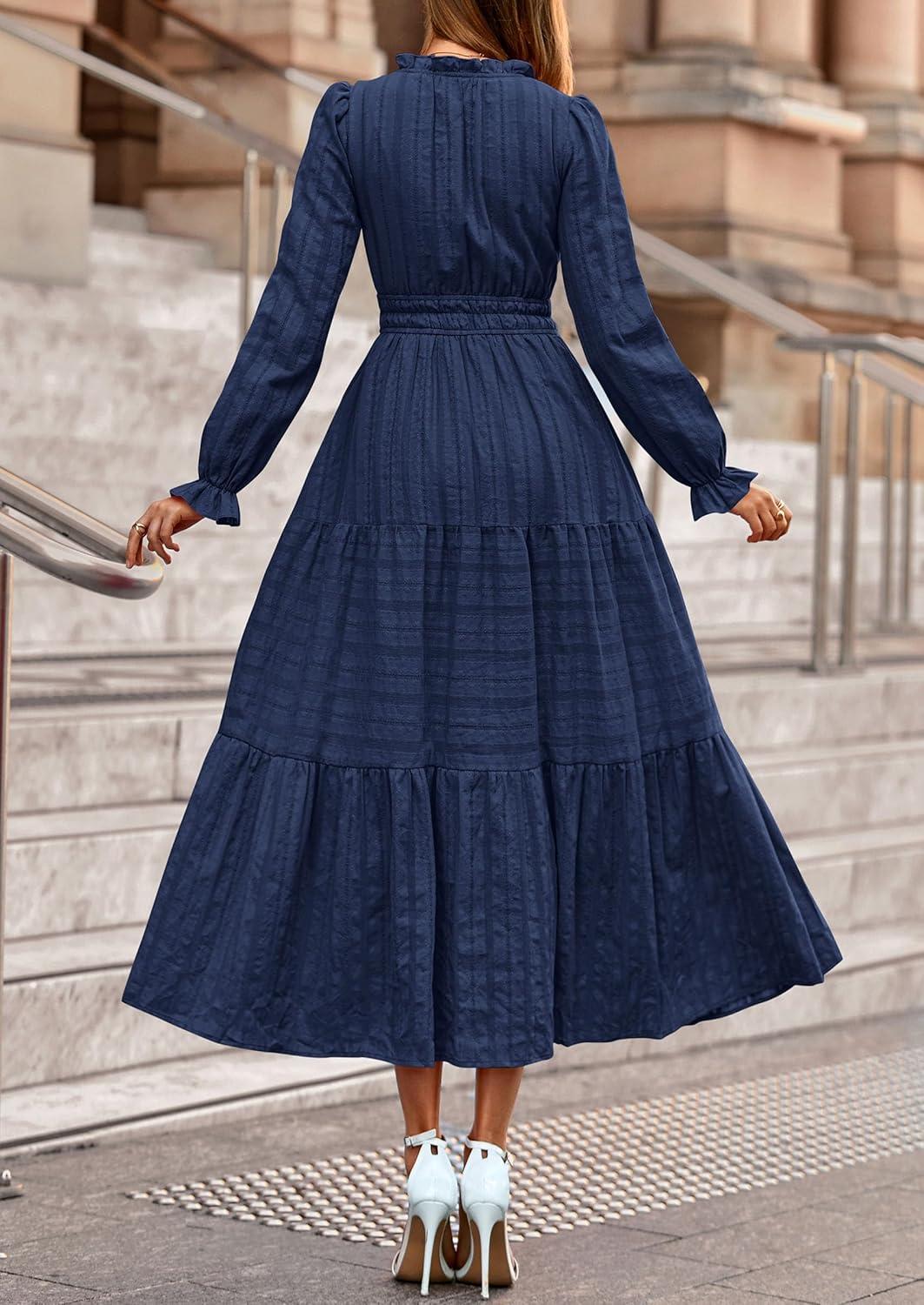 imagePRETTYGARDEN Womens 2026 Fall Wedding Guest Dresses Long Sleeve V Neck Flowy Elegant Holiday Party Maxi Dress with PocketsNavy Blue