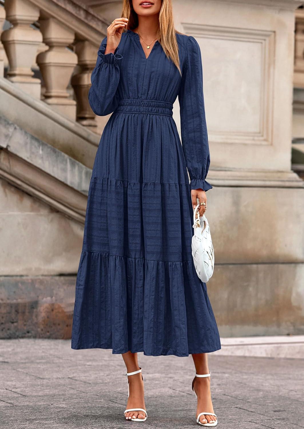 imagePRETTYGARDEN Womens 2026 Fall Wedding Guest Dresses Long Sleeve V Neck Flowy Elegant Holiday Party Maxi Dress with PocketsNavy Blue