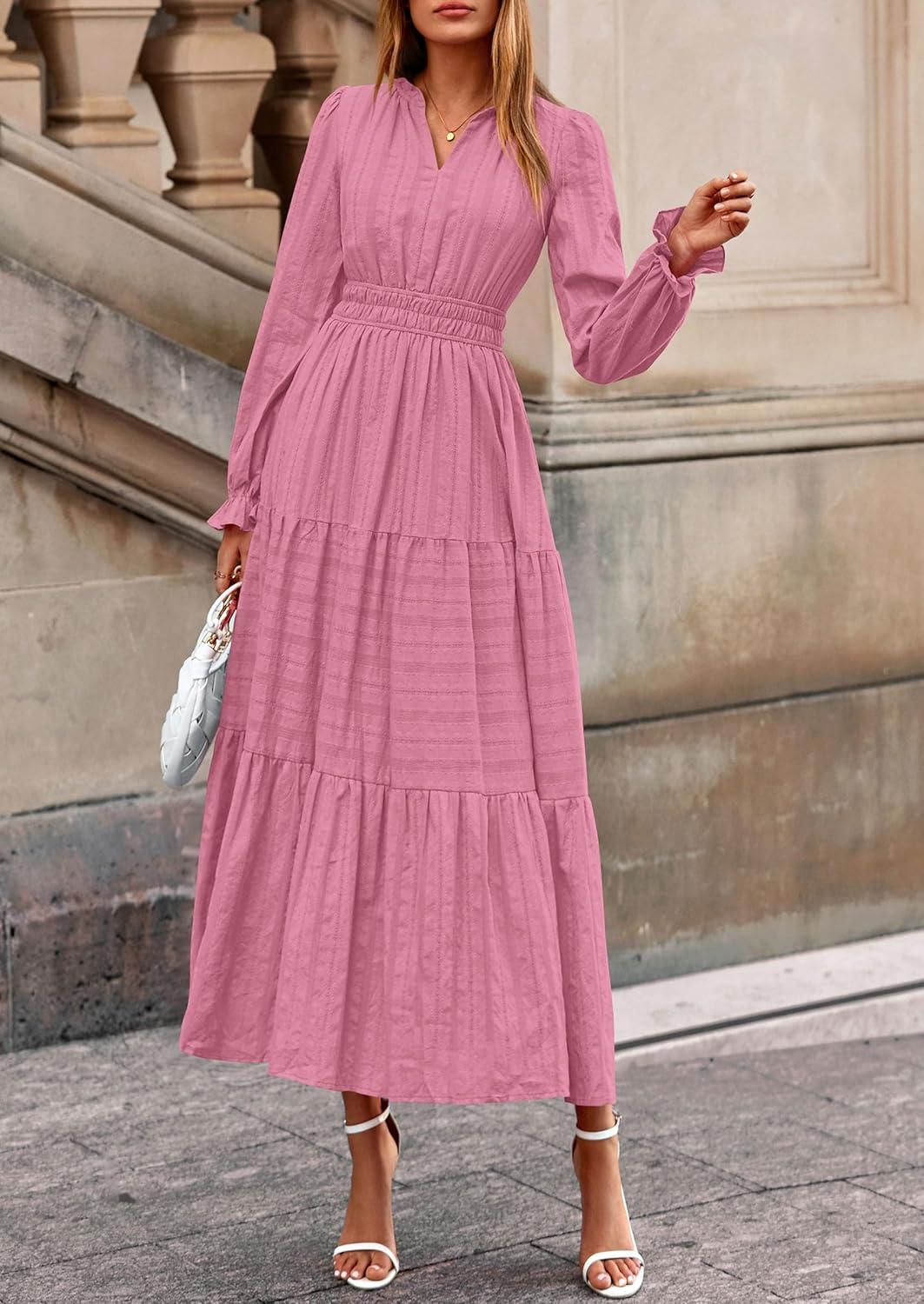 imagePRETTYGARDEN Womens 2026 Fall Wedding Guest Dresses Long Sleeve V Neck Flowy Elegant Holiday Party Maxi Dress with PocketsPink