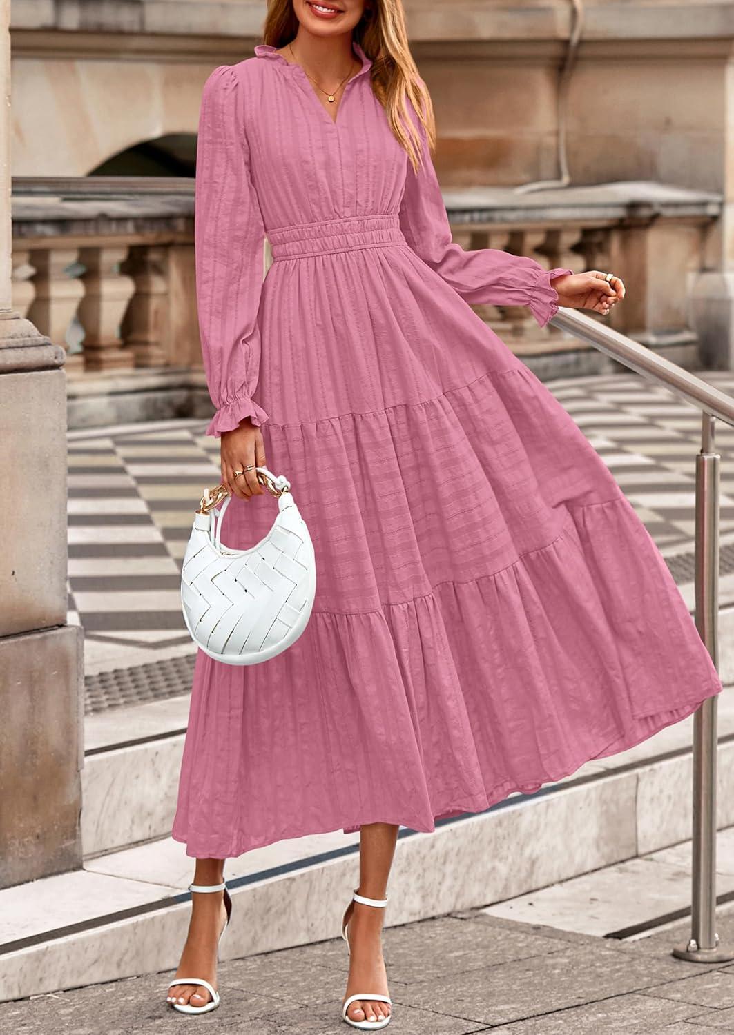 imagePRETTYGARDEN Womens 2026 Fall Wedding Guest Dresses Long Sleeve V Neck Flowy Elegant Holiday Party Maxi Dress with PocketsPink