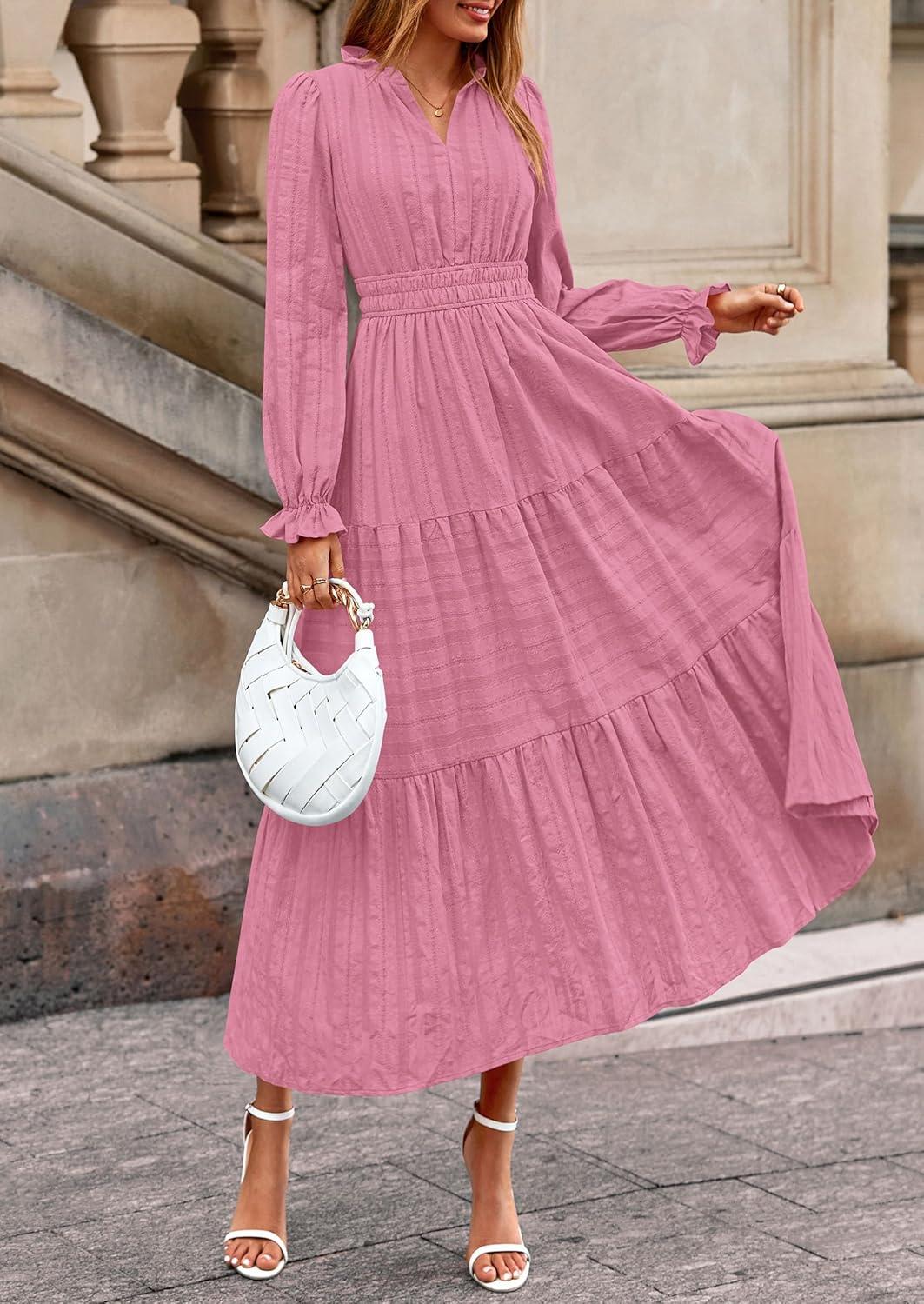 imagePRETTYGARDEN Womens 2026 Fall Wedding Guest Dresses Long Sleeve V Neck Flowy Elegant Holiday Party Maxi Dress with PocketsPink