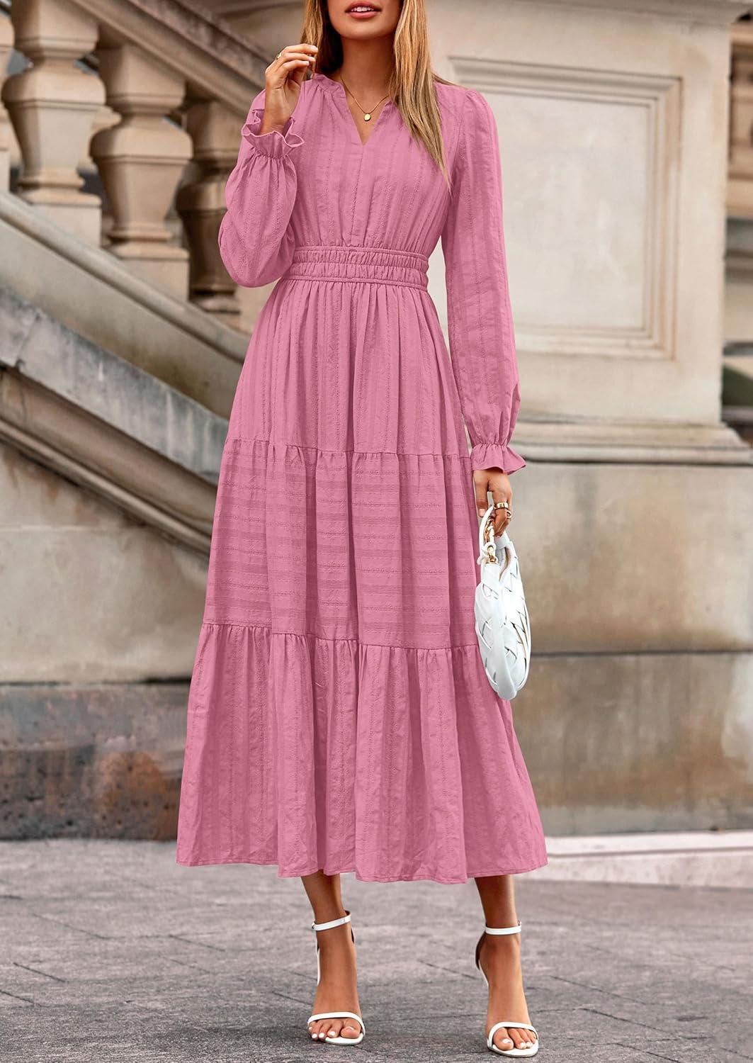 imagePRETTYGARDEN Womens 2026 Fall Wedding Guest Dresses Long Sleeve V Neck Flowy Elegant Holiday Party Maxi Dress with PocketsPink