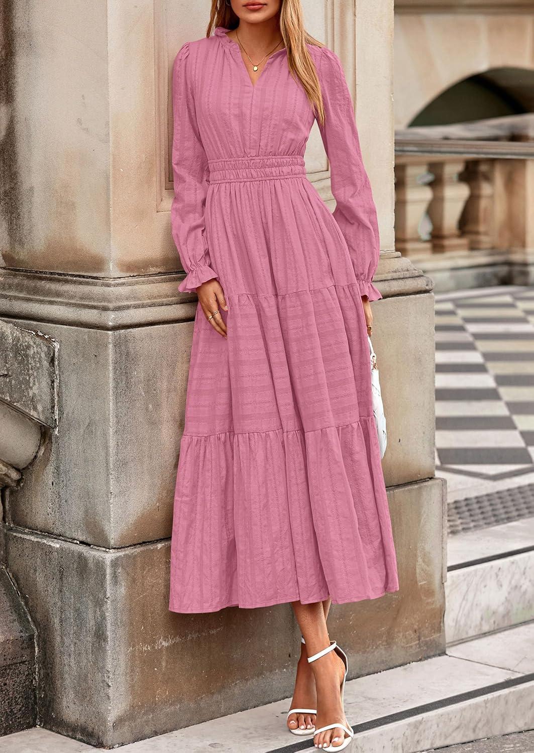 imagePRETTYGARDEN Womens 2026 Fall Wedding Guest Dresses Long Sleeve V Neck Flowy Elegant Holiday Party Maxi Dress with PocketsPink