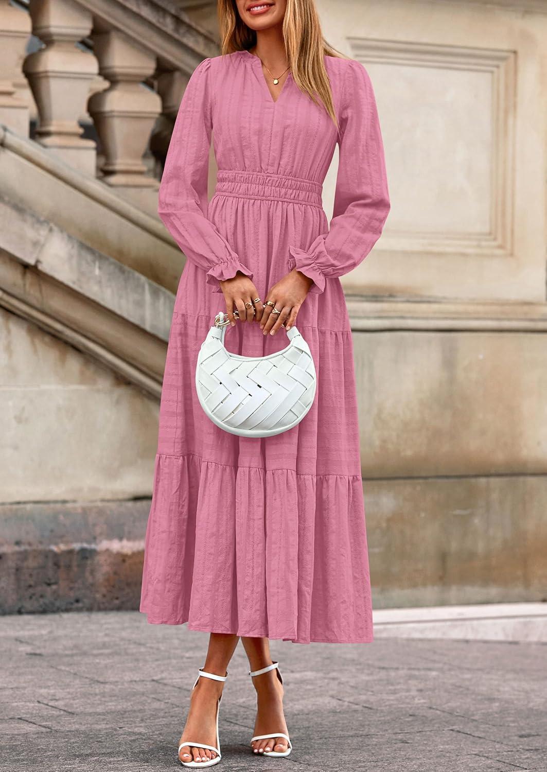 imagePRETTYGARDEN Womens 2026 Fall Wedding Guest Dresses Long Sleeve V Neck Flowy Elegant Holiday Party Maxi Dress with PocketsPink