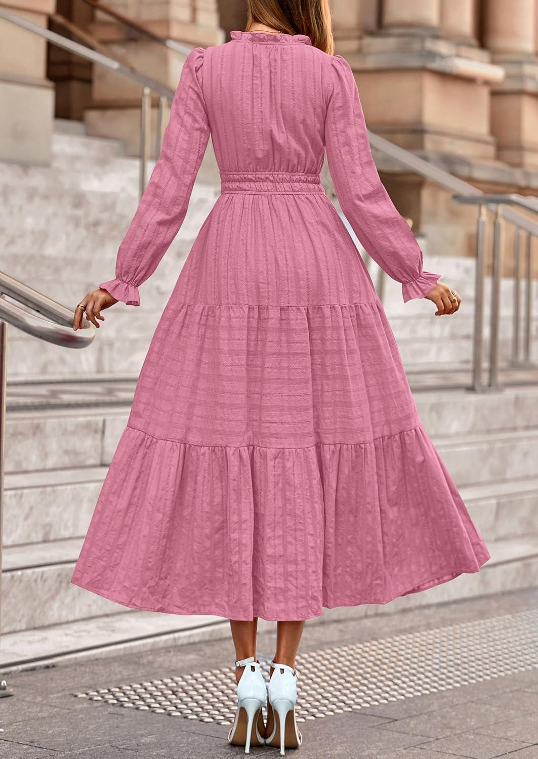 imagePRETTYGARDEN Womens 2026 Fall Wedding Guest Dresses Long Sleeve V Neck Flowy Elegant Holiday Party Maxi Dress with PocketsPink