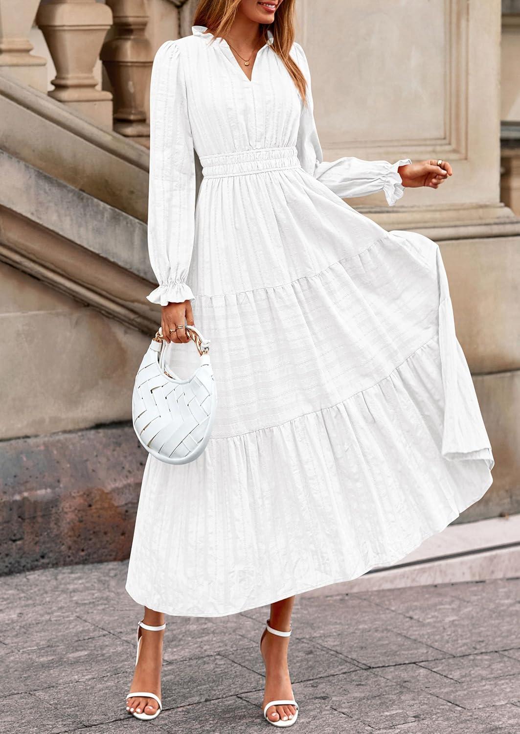 imagePRETTYGARDEN Womens 2026 Fall Wedding Guest Dresses Long Sleeve V Neck Flowy Elegant Holiday Party Maxi Dress with PocketsWhite