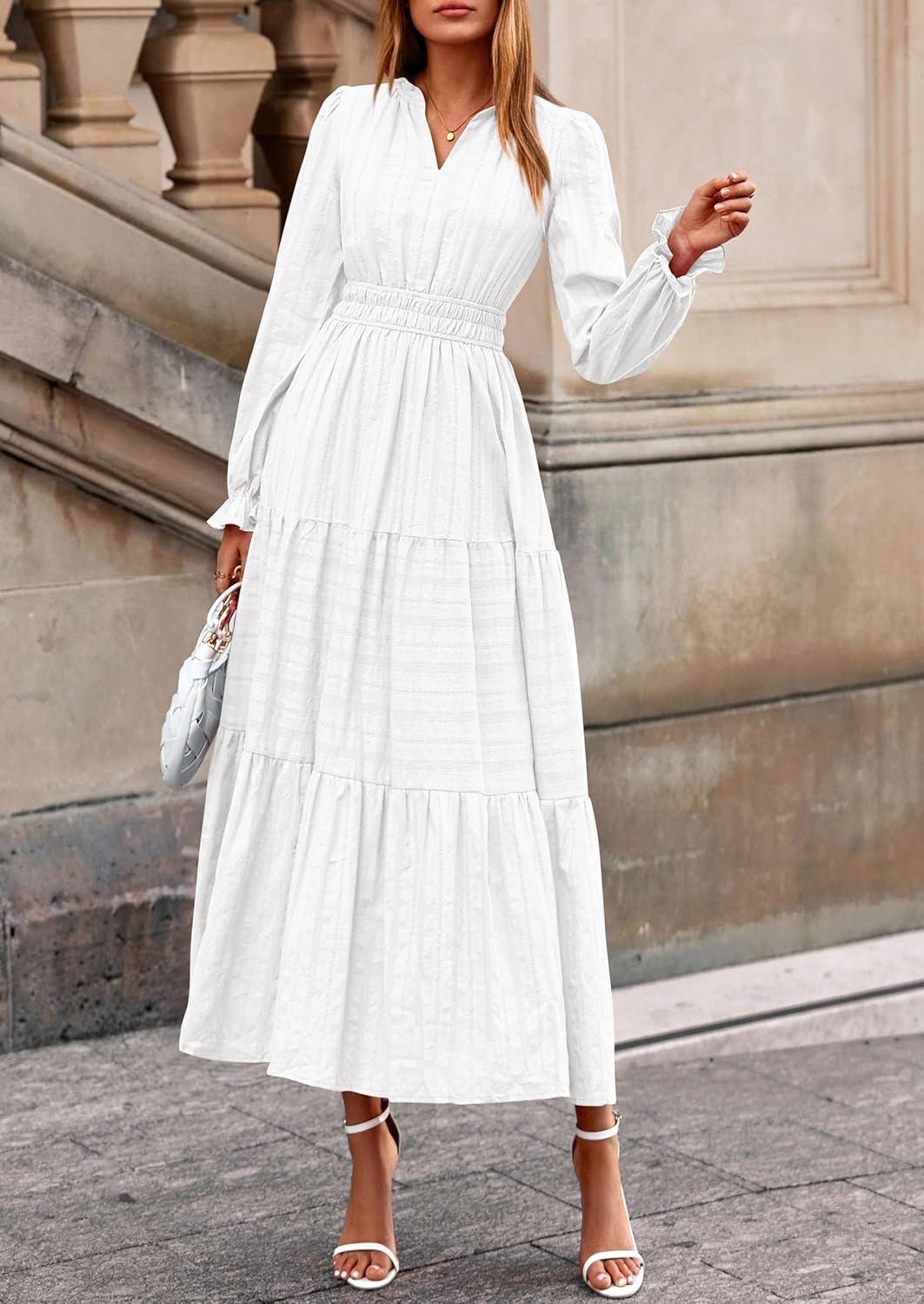 imagePRETTYGARDEN Womens 2026 Fall Wedding Guest Dresses Long Sleeve V Neck Flowy Elegant Holiday Party Maxi Dress with PocketsWhite