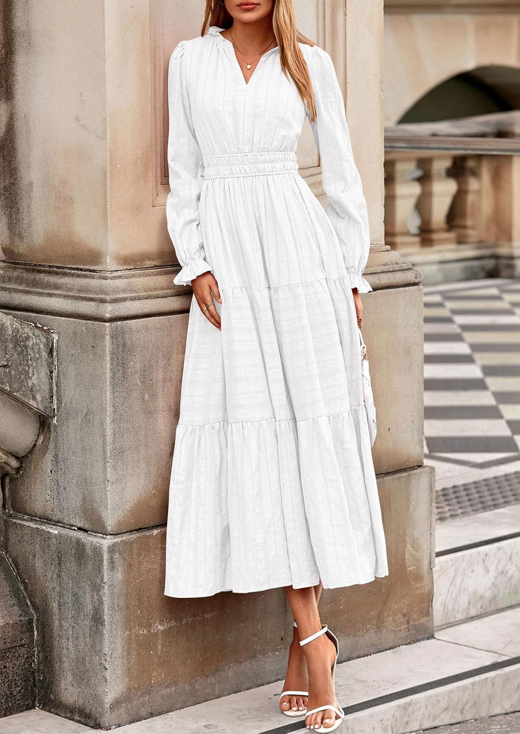 imagePRETTYGARDEN Womens 2026 Fall Wedding Guest Dresses Long Sleeve V Neck Flowy Elegant Holiday Party Maxi Dress with PocketsWhite