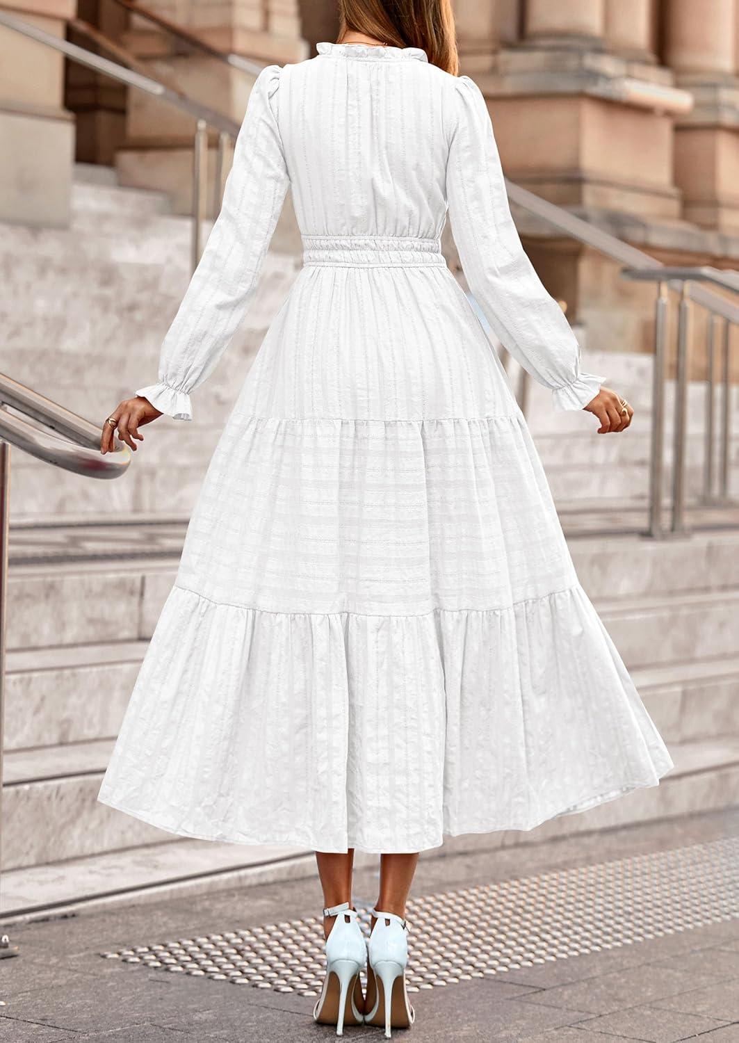 imagePRETTYGARDEN Womens 2026 Fall Wedding Guest Dresses Long Sleeve V Neck Flowy Elegant Holiday Party Maxi Dress with PocketsWhite