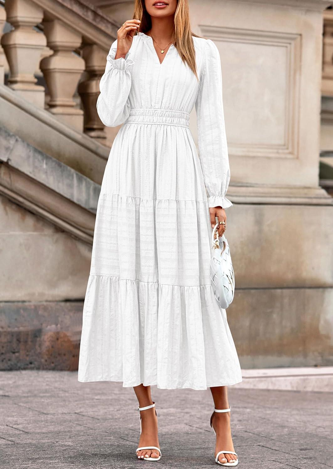imagePRETTYGARDEN Womens 2026 Fall Wedding Guest Dresses Long Sleeve V Neck Flowy Elegant Holiday Party Maxi Dress with PocketsWhite