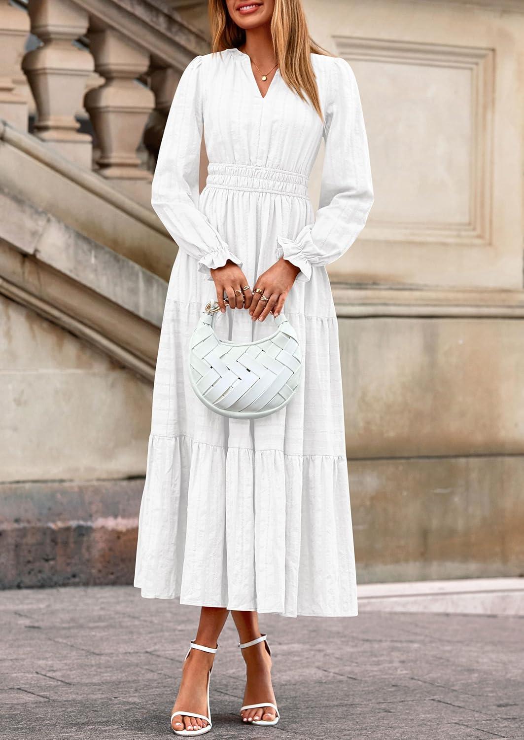 imagePRETTYGARDEN Womens 2026 Fall Wedding Guest Dresses Long Sleeve V Neck Flowy Elegant Holiday Party Maxi Dress with PocketsWhite