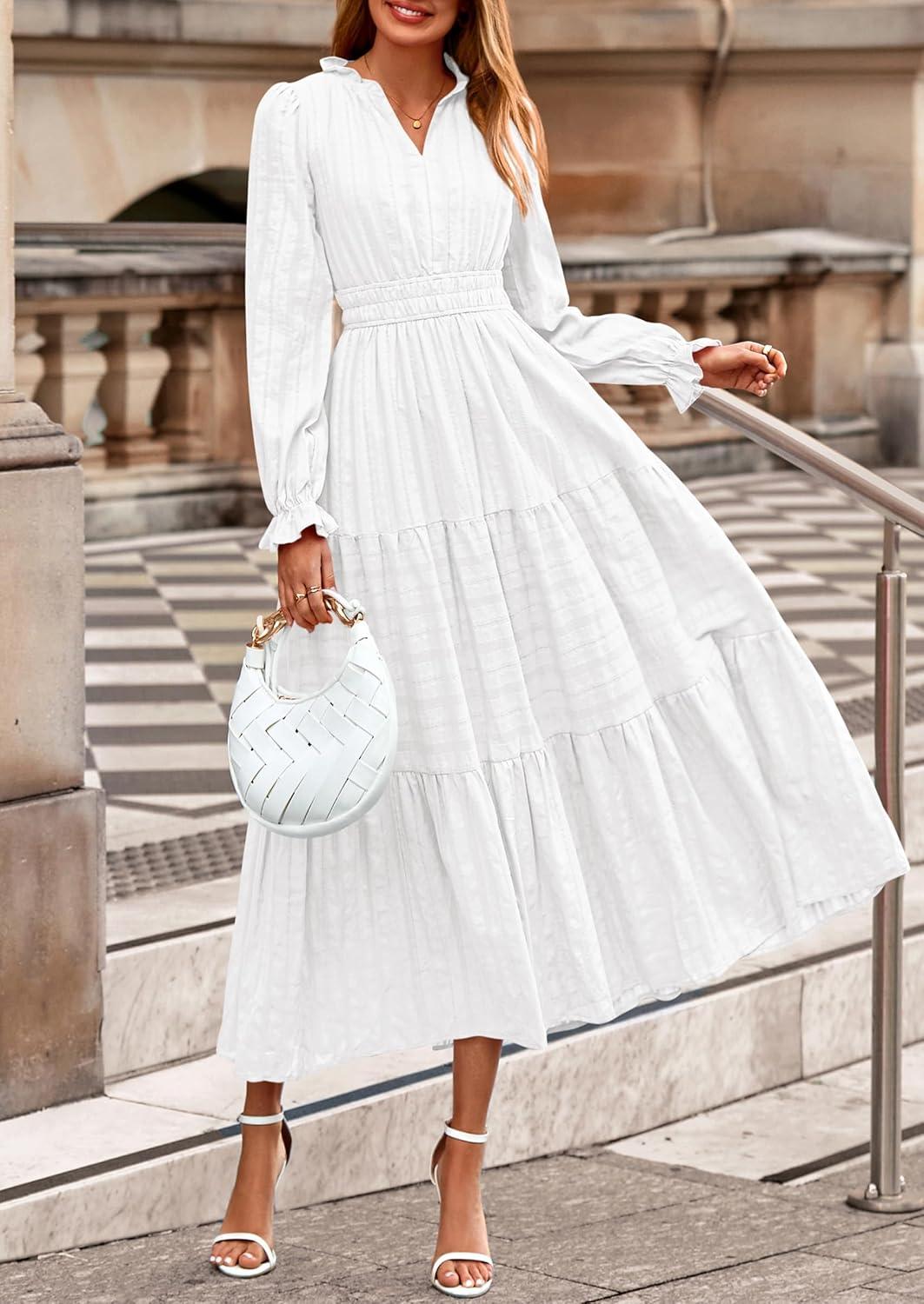 imagePRETTYGARDEN Womens 2026 Fall Wedding Guest Dresses Long Sleeve V Neck Flowy Elegant Holiday Party Maxi Dress with PocketsWhite
