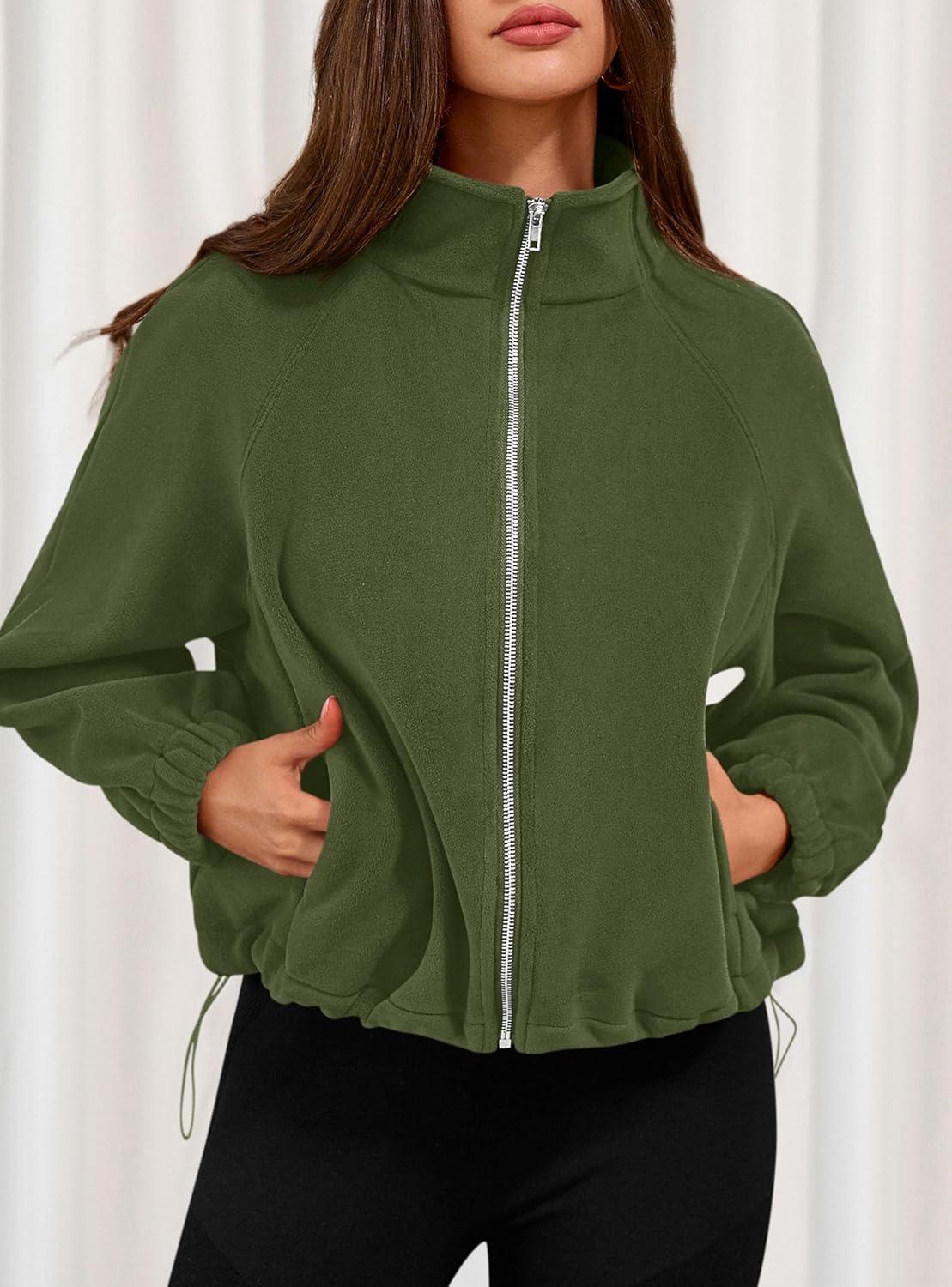 imagePRETTYGARDEN Womens 2026 Winter Fleece Sherpa Jacket Trendy Long Sleeve Zip Up Cropped Warm Coat Fall Fashion Workout ClothesArmy Green