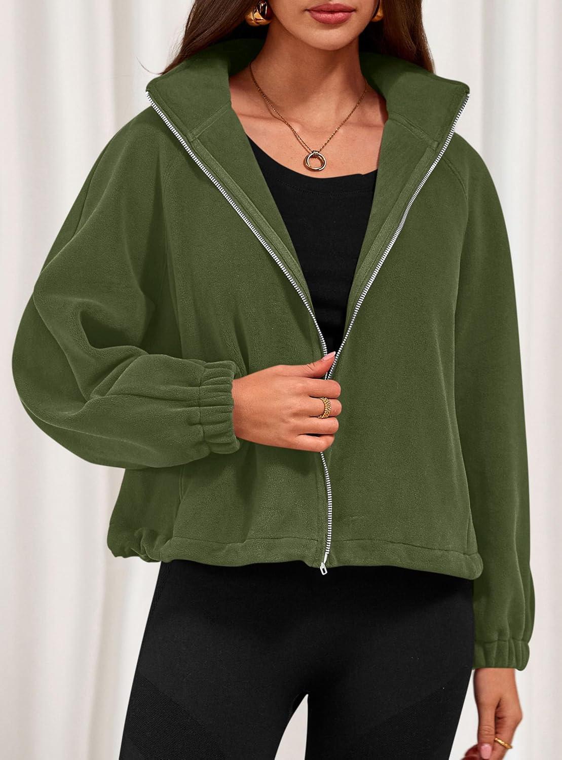 imagePRETTYGARDEN Womens 2026 Winter Fleece Sherpa Jacket Trendy Long Sleeve Zip Up Cropped Warm Coat Fall Fashion Workout ClothesArmy Green