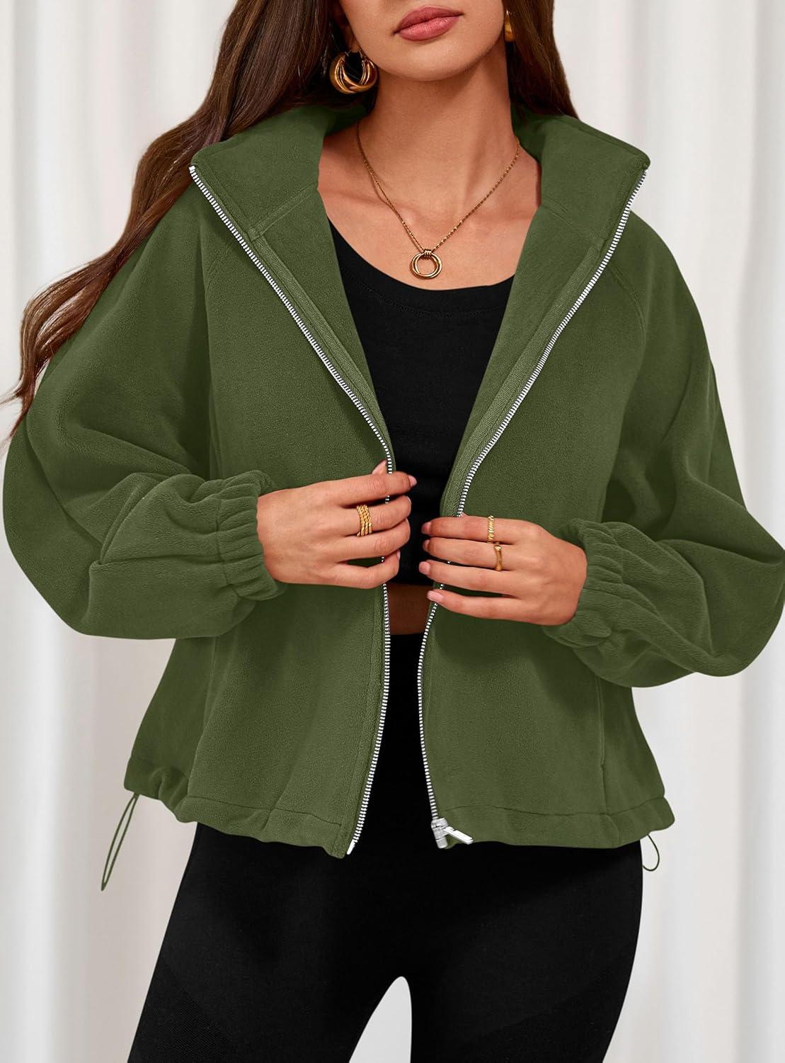 imagePRETTYGARDEN Womens 2026 Winter Fleece Sherpa Jacket Trendy Long Sleeve Zip Up Cropped Warm Coat Fall Fashion Workout ClothesArmy Green