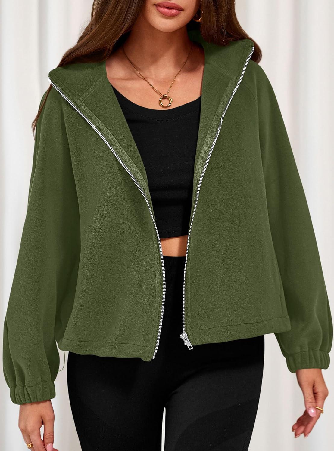 imagePRETTYGARDEN Womens 2026 Winter Fleece Sherpa Jacket Trendy Long Sleeve Zip Up Cropped Warm Coat Fall Fashion Workout ClothesArmy Green