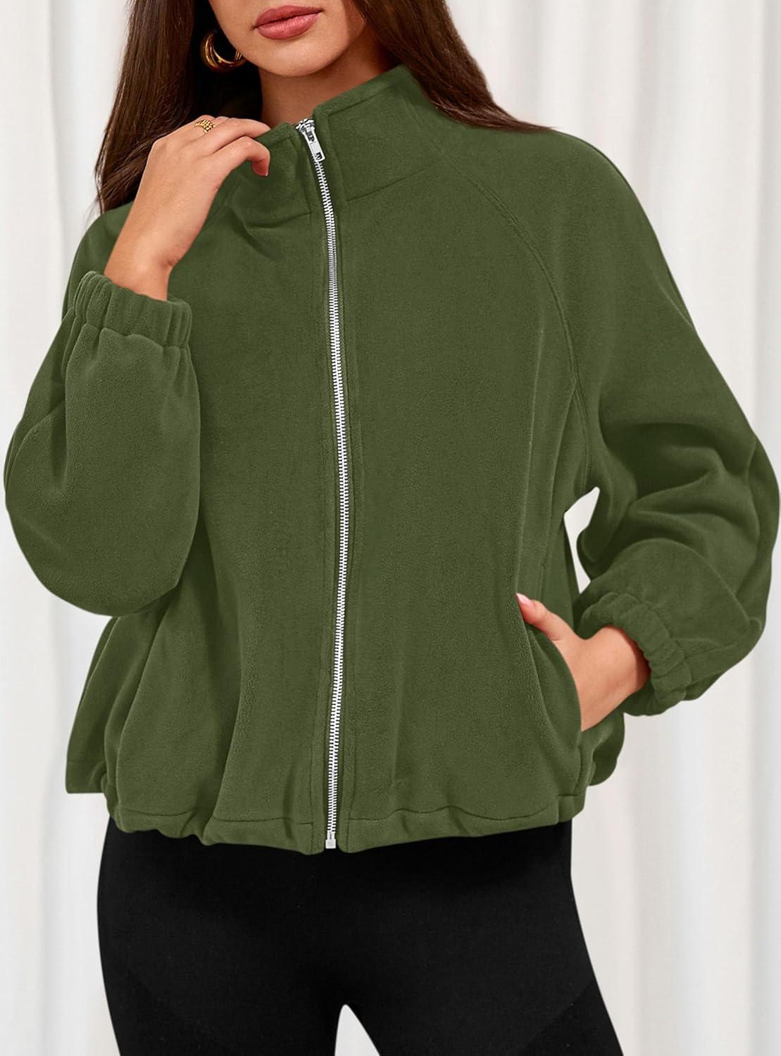 imagePRETTYGARDEN Womens 2026 Winter Fleece Sherpa Jacket Trendy Long Sleeve Zip Up Cropped Warm Coat Fall Fashion Workout ClothesArmy Green