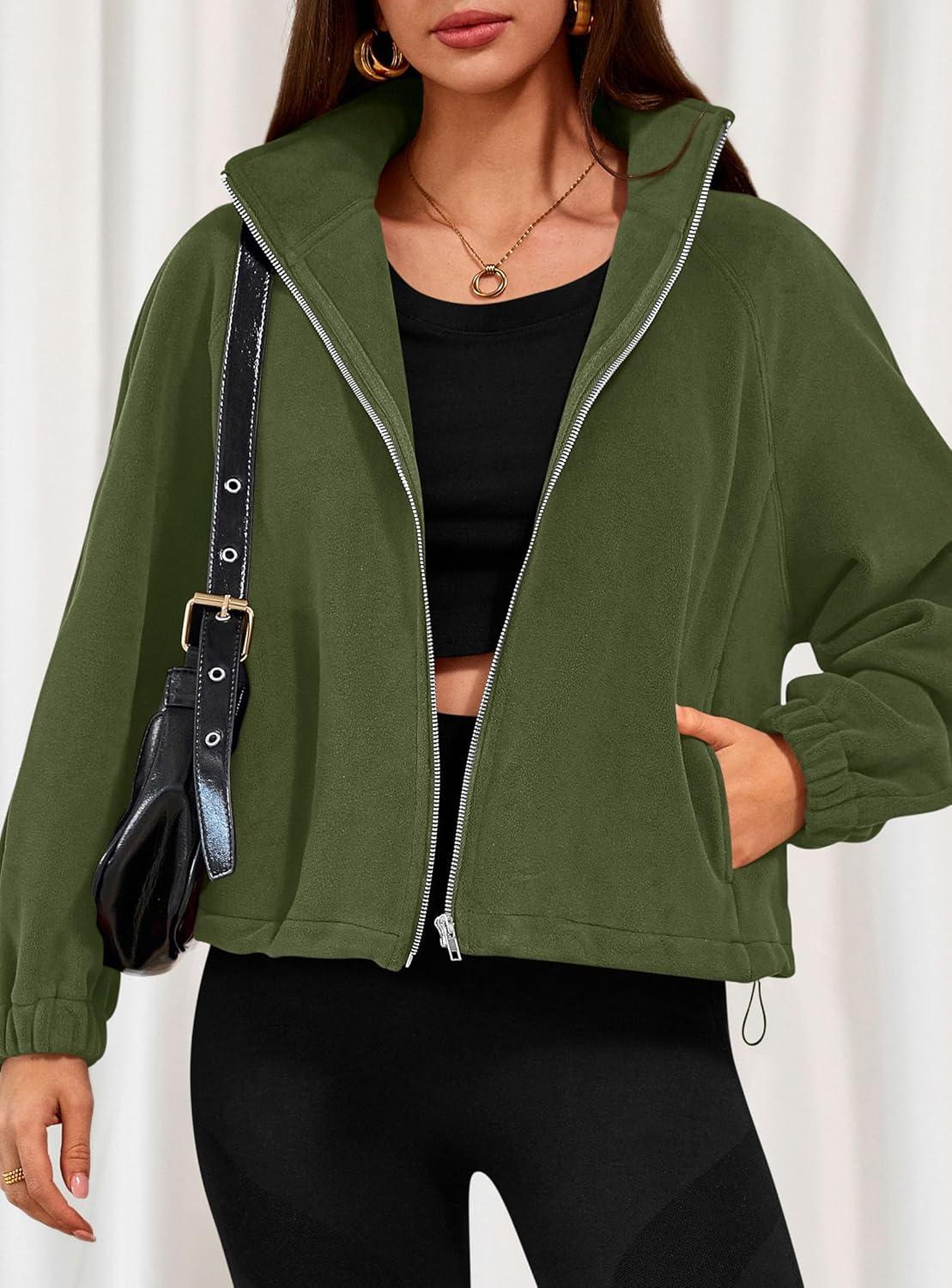 imagePRETTYGARDEN Womens 2026 Winter Fleece Sherpa Jacket Trendy Long Sleeve Zip Up Cropped Warm Coat Fall Fashion Workout ClothesArmy Green