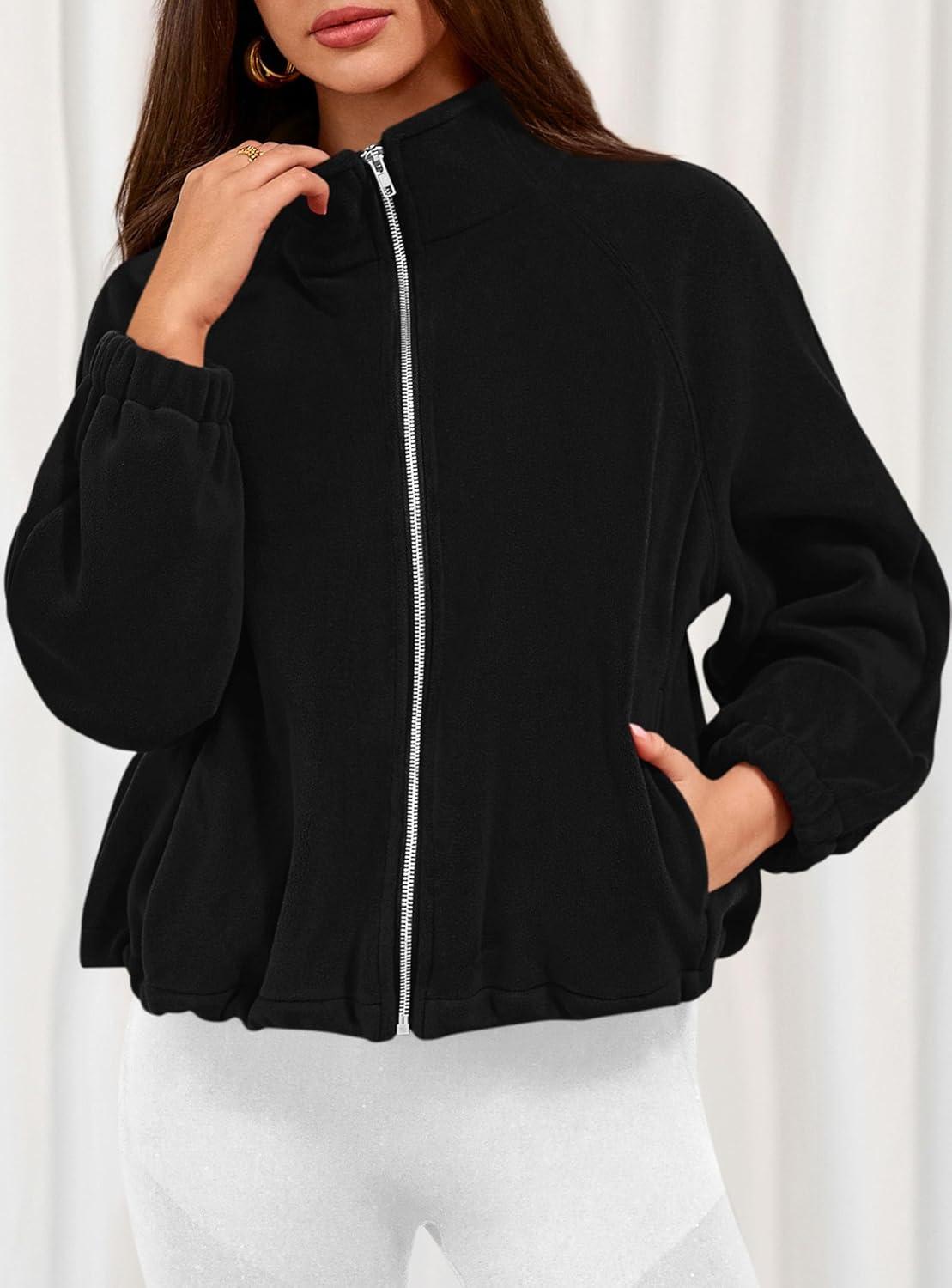 imagePRETTYGARDEN Womens 2026 Winter Fleece Sherpa Jacket Trendy Long Sleeve Zip Up Cropped Warm Coat Fall Fashion Workout ClothesBlack