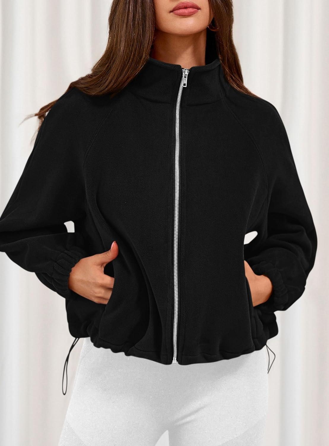 imagePRETTYGARDEN Womens 2026 Winter Fleece Sherpa Jacket Trendy Long Sleeve Zip Up Cropped Warm Coat Fall Fashion Workout ClothesBlack