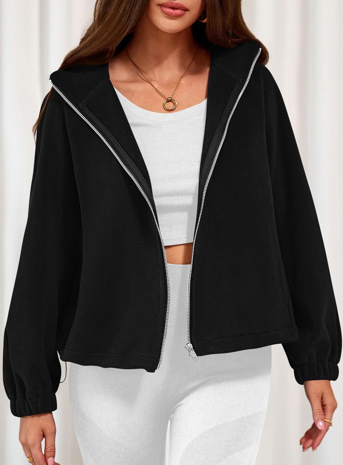 imagePRETTYGARDEN Womens 2026 Winter Fleece Sherpa Jacket Trendy Long Sleeve Zip Up Cropped Warm Coat Fall Fashion Workout ClothesBlack