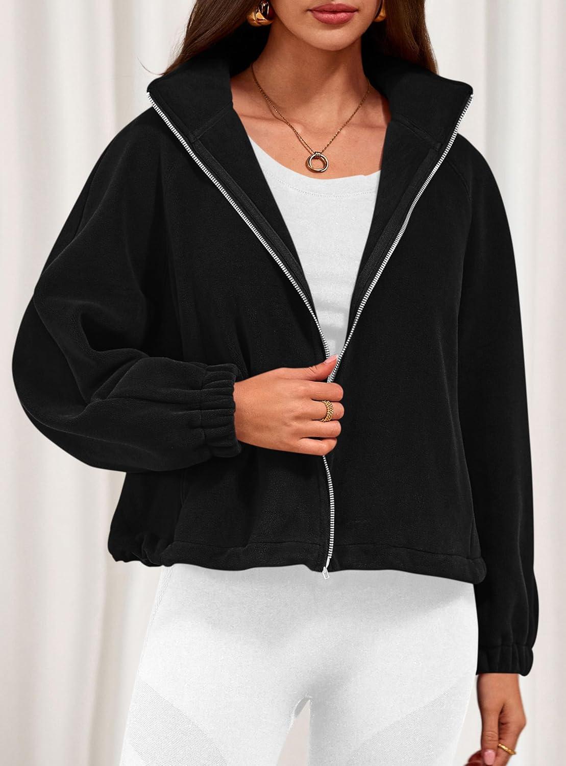 imagePRETTYGARDEN Womens 2026 Winter Fleece Sherpa Jacket Trendy Long Sleeve Zip Up Cropped Warm Coat Fall Fashion Workout ClothesBlack