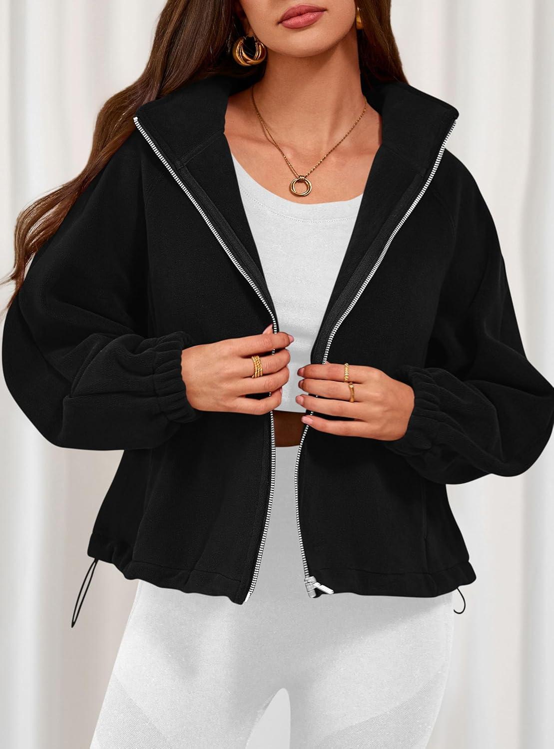 imagePRETTYGARDEN Womens 2026 Winter Fleece Sherpa Jacket Trendy Long Sleeve Zip Up Cropped Warm Coat Fall Fashion Workout ClothesBlack