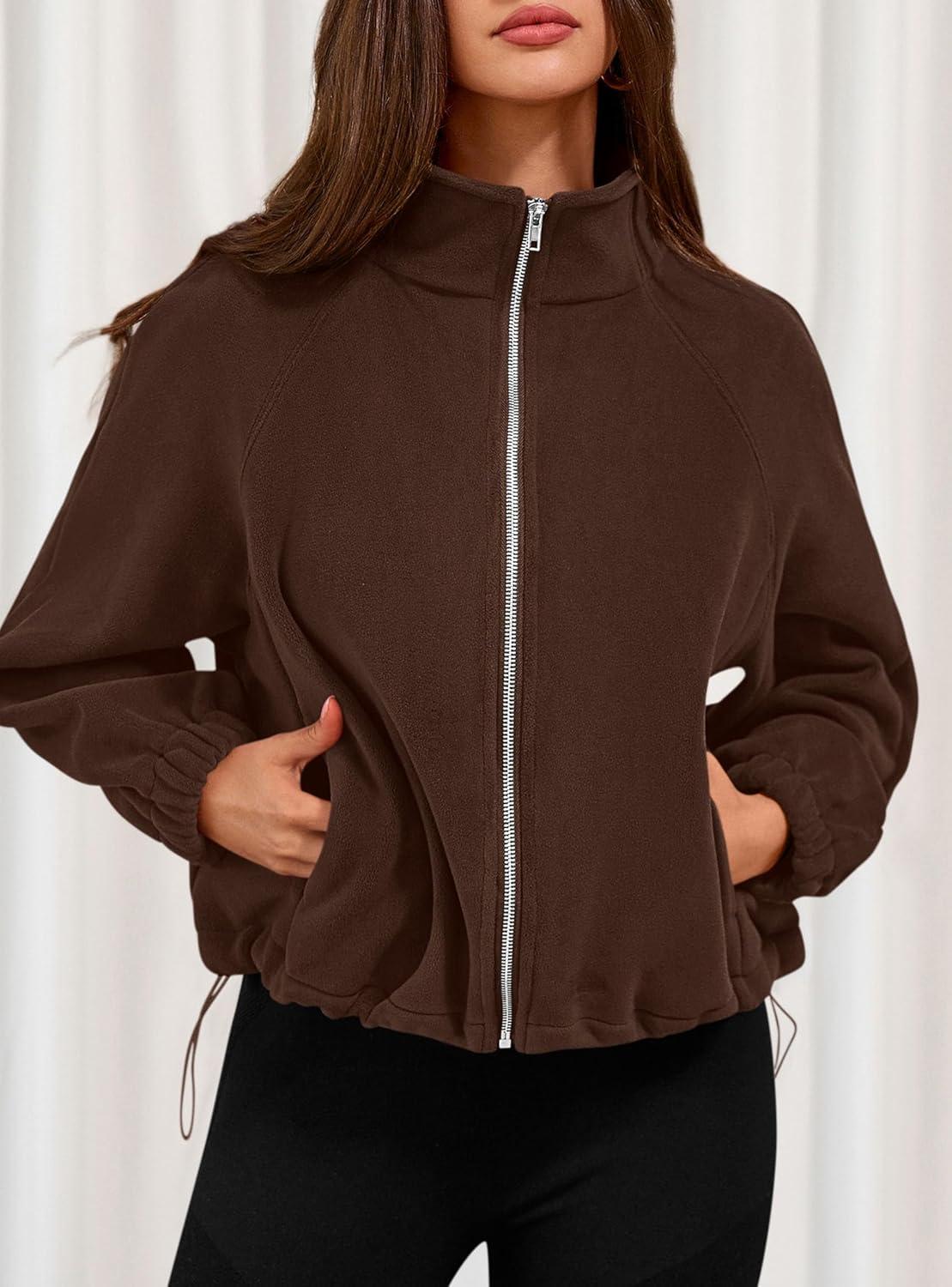 imagePRETTYGARDEN Womens 2026 Winter Fleece Sherpa Jacket Trendy Long Sleeve Zip Up Cropped Warm Coat Fall Fashion Workout ClothesBrown
