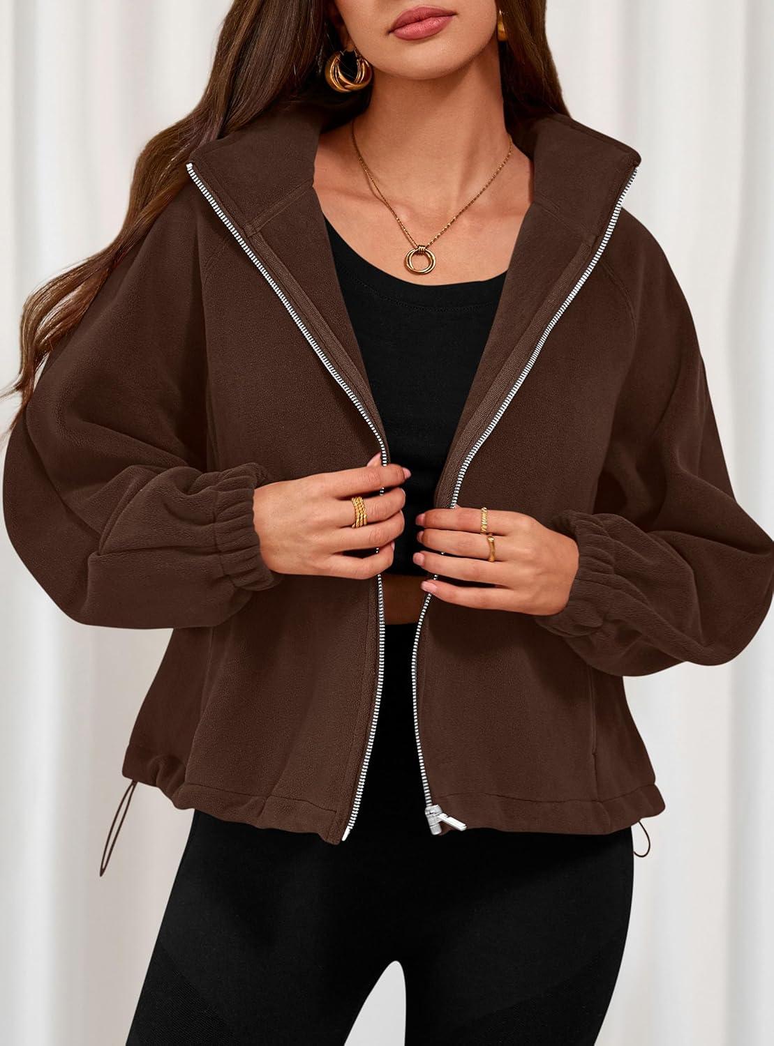 imagePRETTYGARDEN Womens 2026 Winter Fleece Sherpa Jacket Trendy Long Sleeve Zip Up Cropped Warm Coat Fall Fashion Workout ClothesBrown