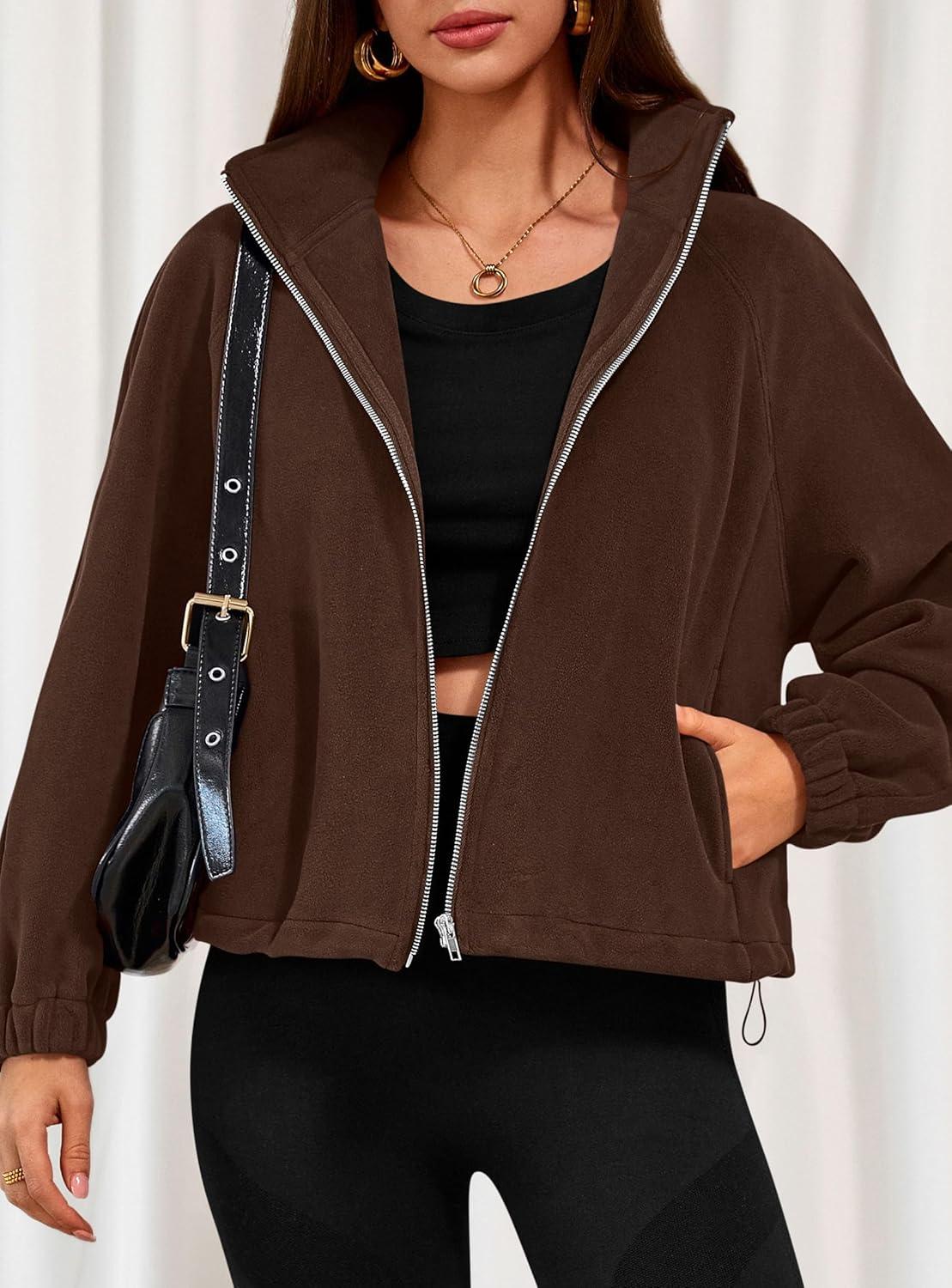 imagePRETTYGARDEN Womens 2026 Winter Fleece Sherpa Jacket Trendy Long Sleeve Zip Up Cropped Warm Coat Fall Fashion Workout ClothesBrown