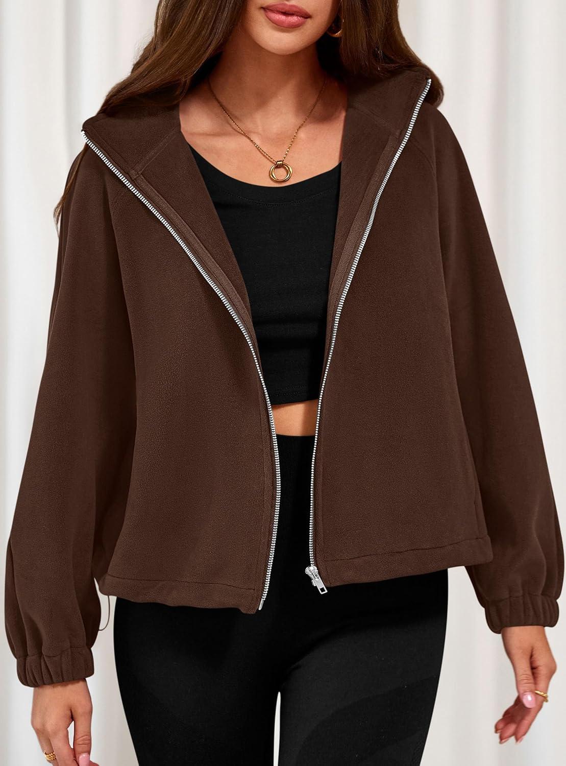 imagePRETTYGARDEN Womens 2026 Winter Fleece Sherpa Jacket Trendy Long Sleeve Zip Up Cropped Warm Coat Fall Fashion Workout ClothesBrown