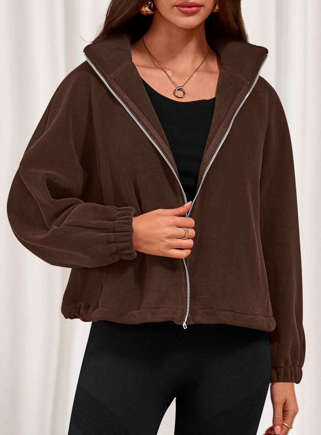 imagePRETTYGARDEN Womens 2026 Winter Fleece Sherpa Jacket Trendy Long Sleeve Zip Up Cropped Warm Coat Fall Fashion Workout ClothesBrown