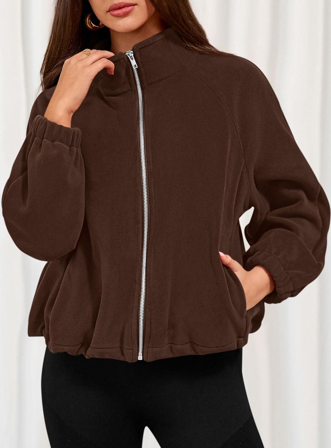 imagePRETTYGARDEN Womens 2026 Winter Fleece Sherpa Jacket Trendy Long Sleeve Zip Up Cropped Warm Coat Fall Fashion Workout ClothesBrown