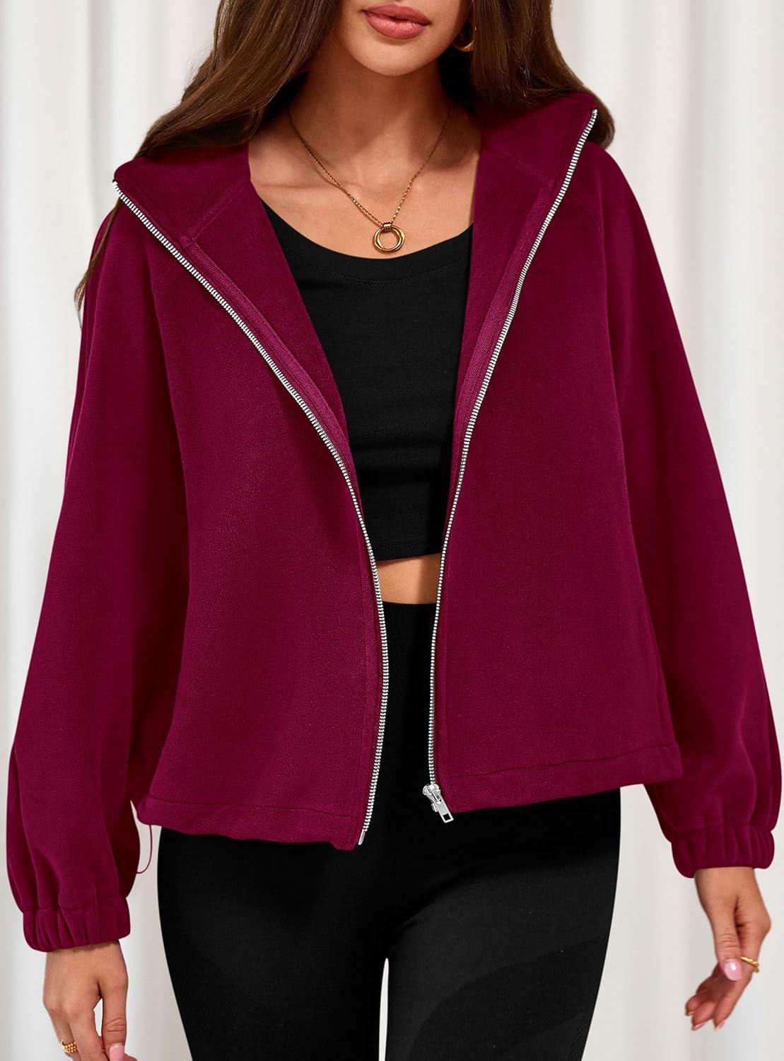 imagePRETTYGARDEN Womens 2026 Winter Fleece Sherpa Jacket Trendy Long Sleeve Zip Up Cropped Warm Coat Fall Fashion Workout ClothesBurgundy