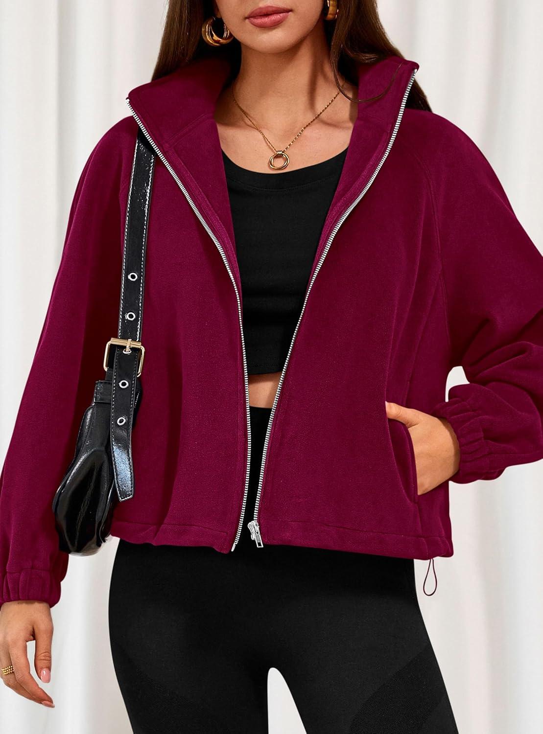 imagePRETTYGARDEN Womens 2026 Winter Fleece Sherpa Jacket Trendy Long Sleeve Zip Up Cropped Warm Coat Fall Fashion Workout ClothesBurgundy
