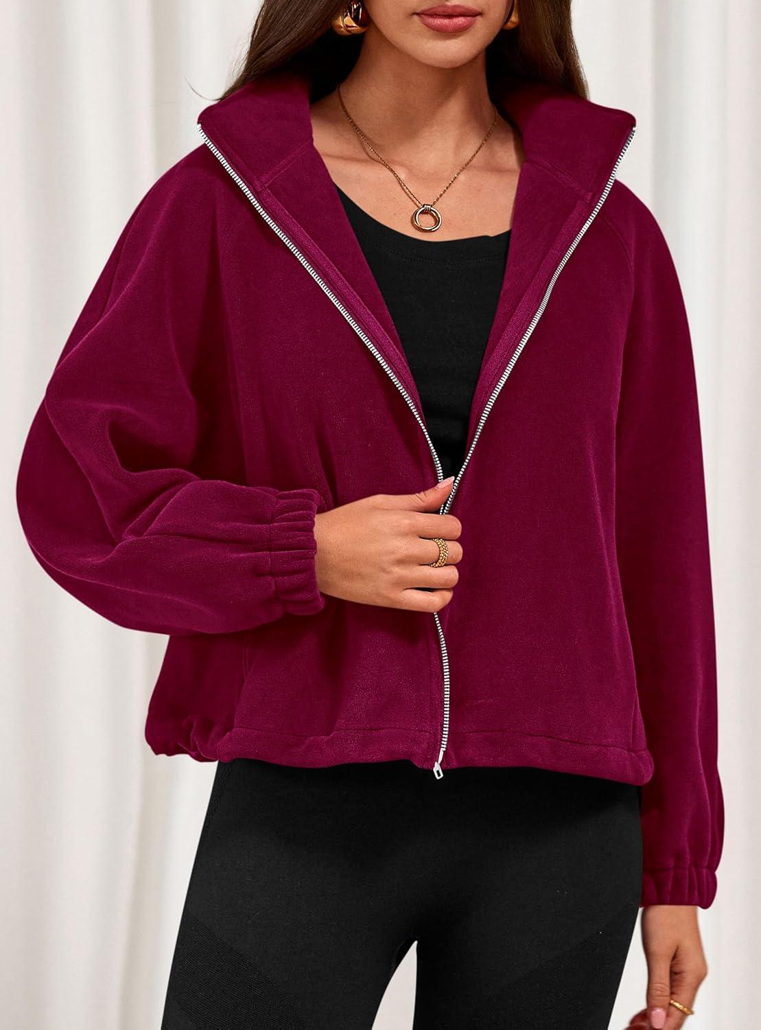 imagePRETTYGARDEN Womens 2026 Winter Fleece Sherpa Jacket Trendy Long Sleeve Zip Up Cropped Warm Coat Fall Fashion Workout ClothesBurgundy