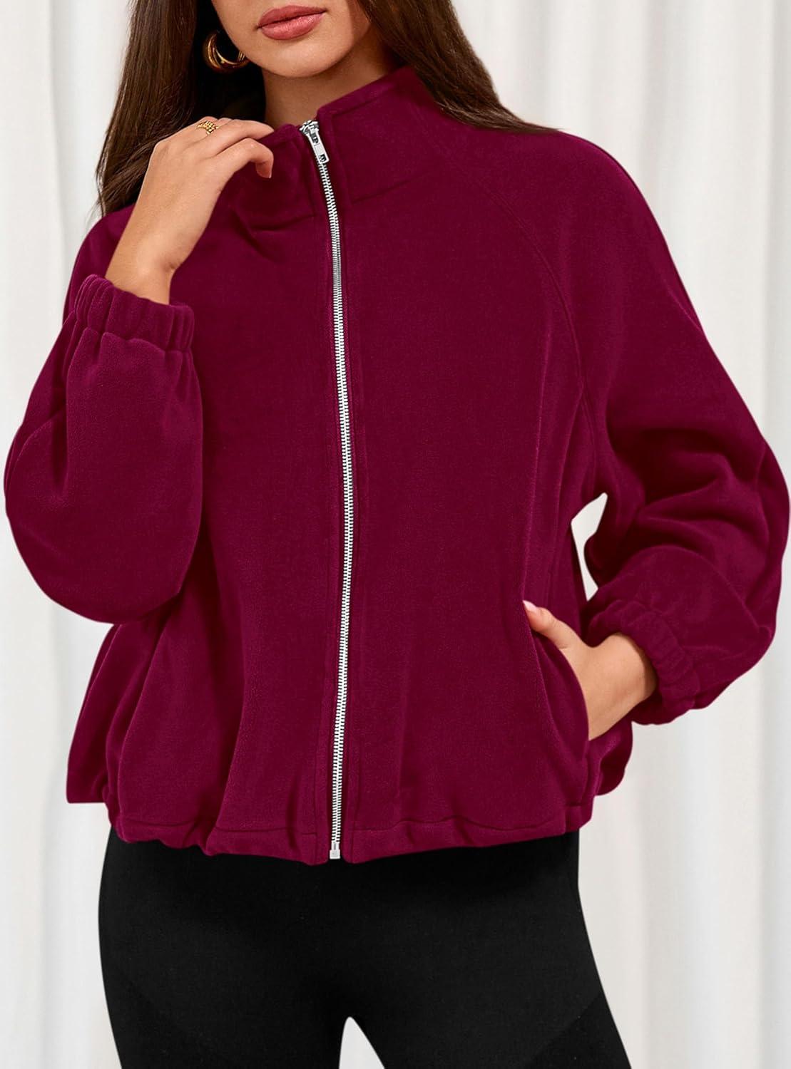 imagePRETTYGARDEN Womens 2026 Winter Fleece Sherpa Jacket Trendy Long Sleeve Zip Up Cropped Warm Coat Fall Fashion Workout ClothesBurgundy