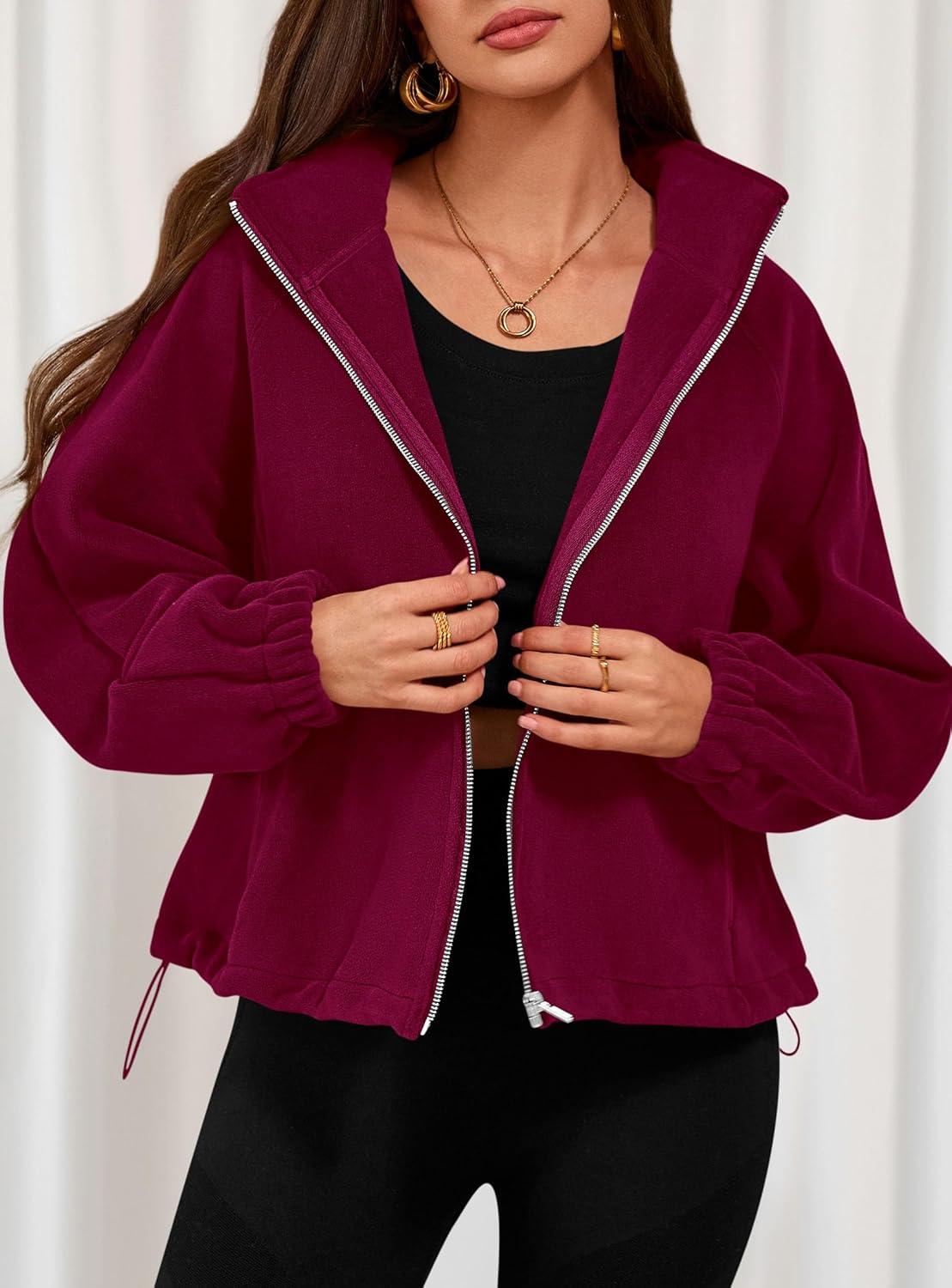imagePRETTYGARDEN Womens 2026 Winter Fleece Sherpa Jacket Trendy Long Sleeve Zip Up Cropped Warm Coat Fall Fashion Workout ClothesBurgundy