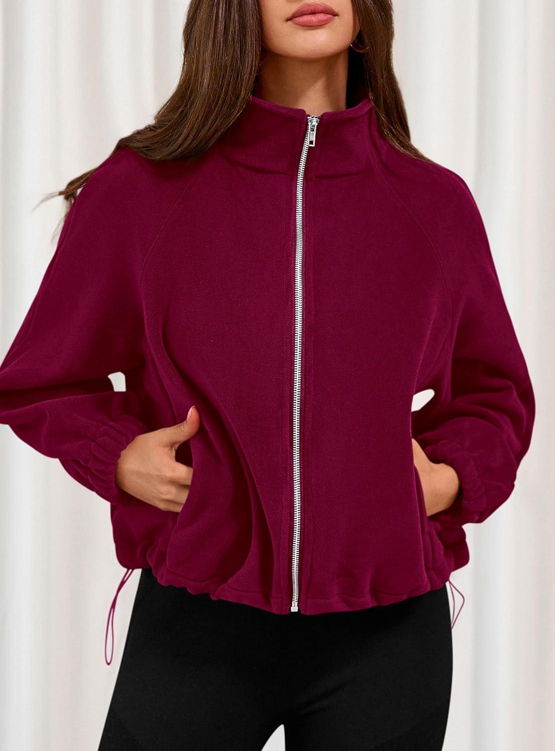 imagePRETTYGARDEN Womens 2026 Winter Fleece Sherpa Jacket Trendy Long Sleeve Zip Up Cropped Warm Coat Fall Fashion Workout ClothesBurgundy